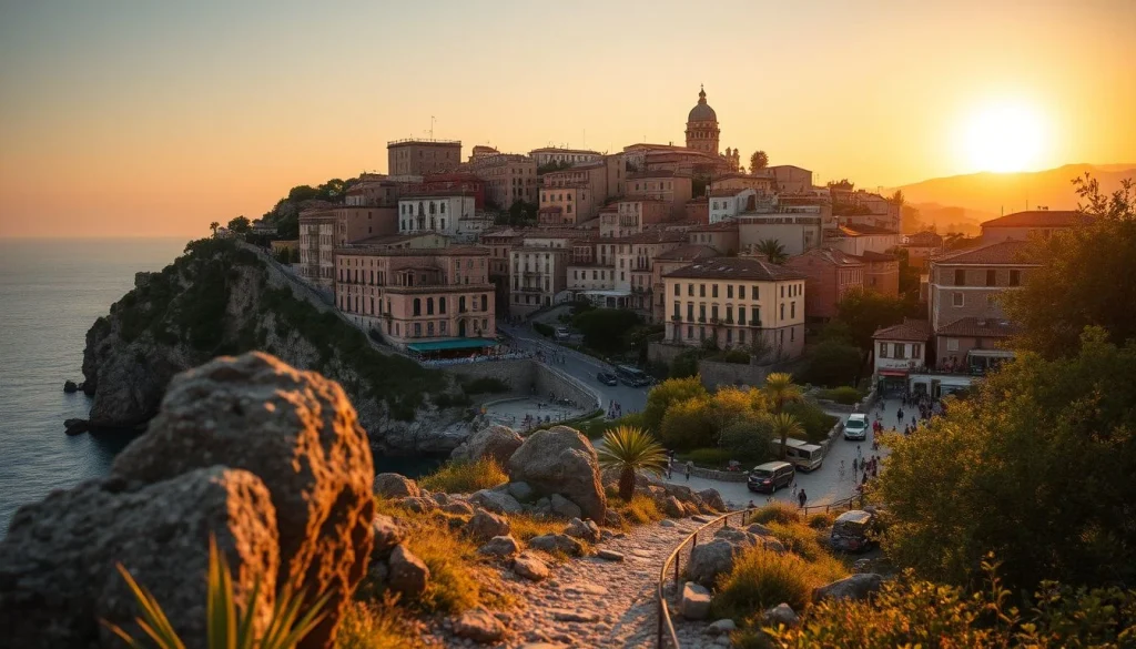 A rocky, grassy coastal path leads toward a warm sunset over a densely built cliffside village with red-tiled roofs and a