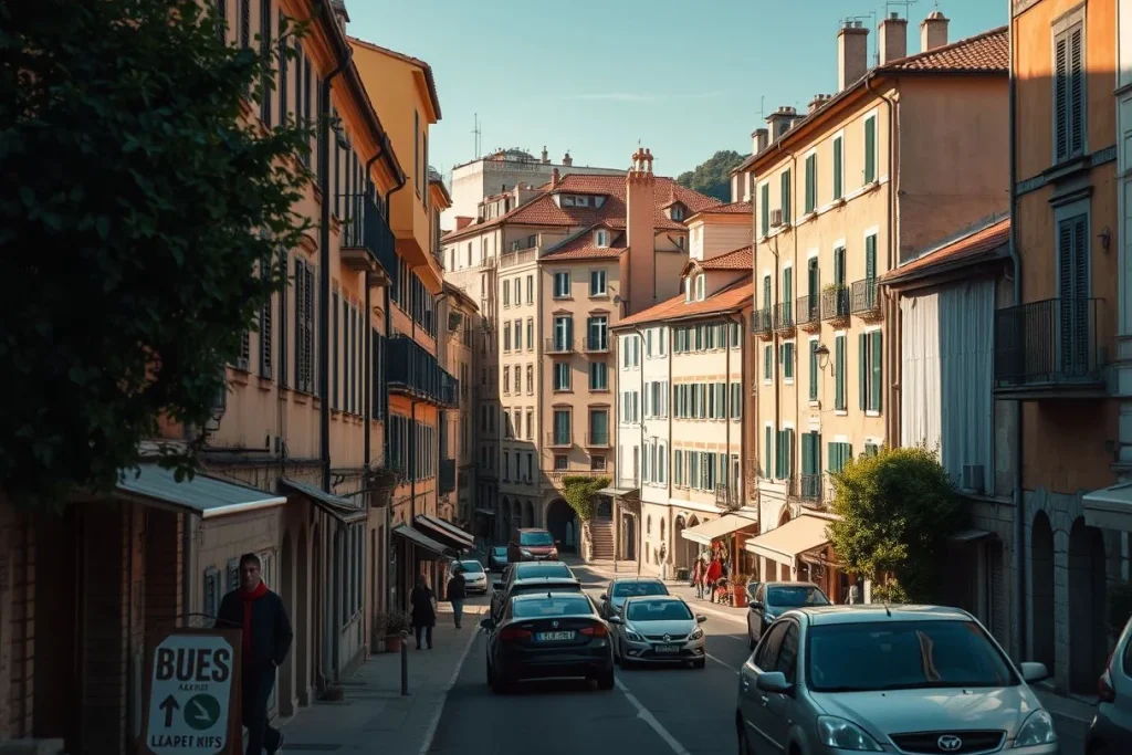 A sunlit narrow European street lined with warm-colored residential buildings, parked cars, pedestrians, and a small sign in