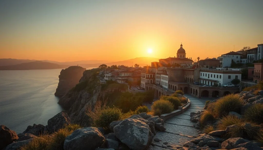A golden-hour coastal landscape shows a cliffside Mediterranean-style town, a domed church, calm water, distant mountains