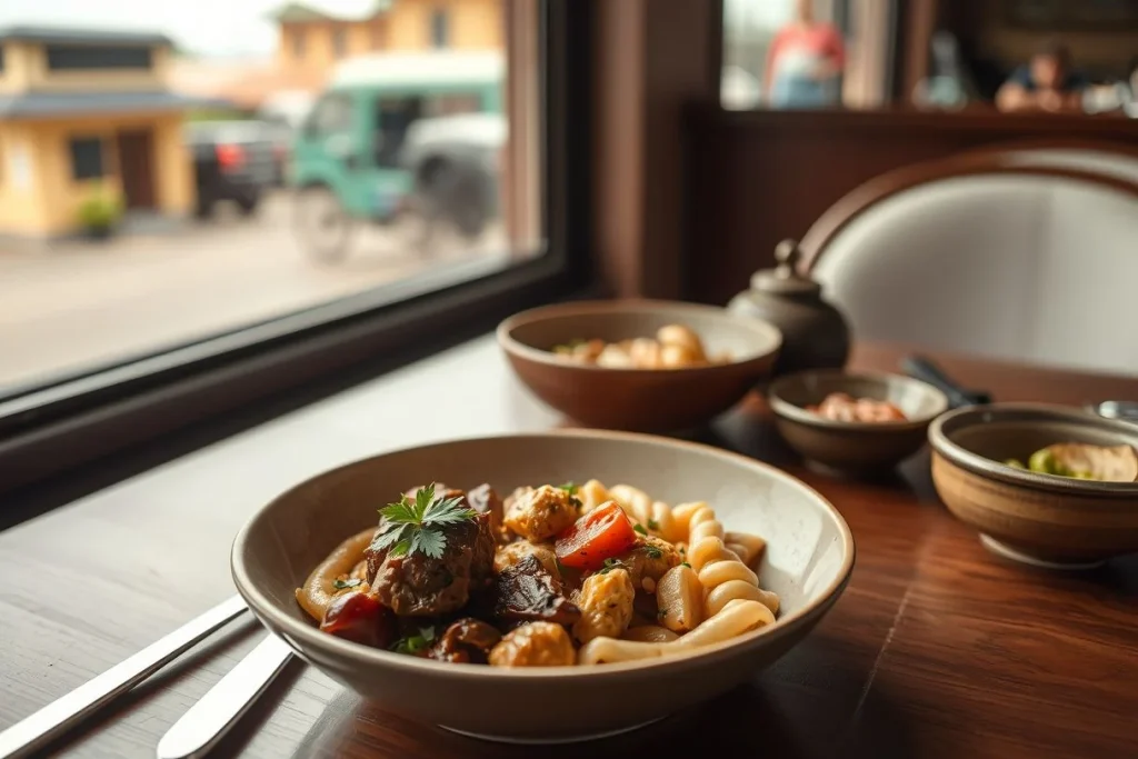 A shallow-focus restaurant table holds a bowl of pasta with meatballs and vegetables, with smaller bowls and a softly