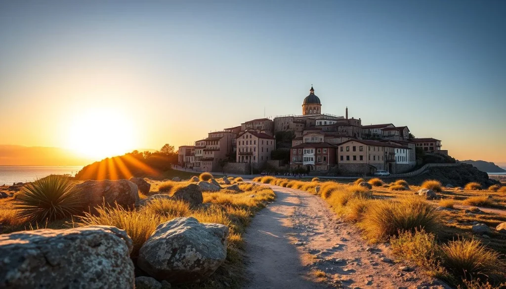 A sunlit coastal path crosses rocky golden grass toward a dense hillside town with a prominent domed building beside the sea.