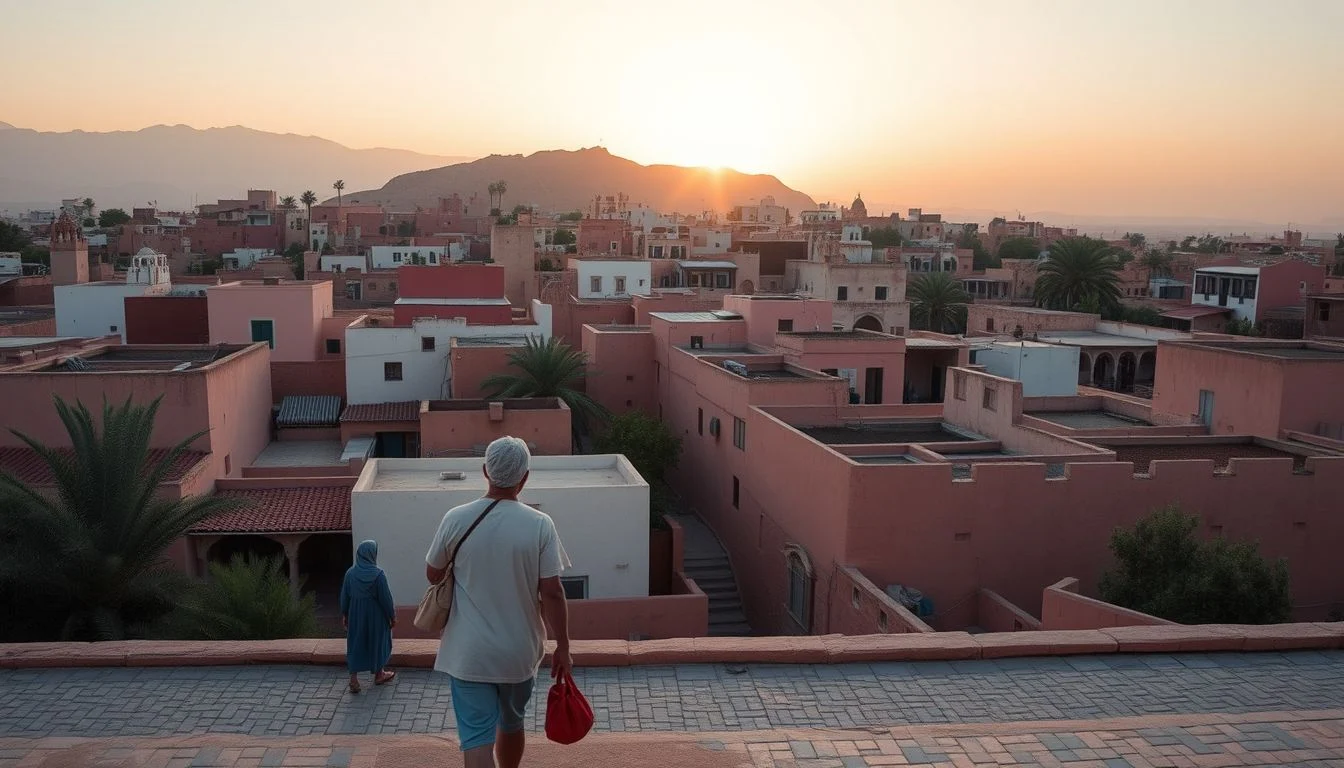 A wide rooftop view over Marrakech’s pink-toned residential buildings, with two distant people in the foreground, palm