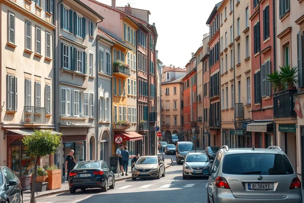 A sunlit European city street lined with colorful shuttered buildings, parked and moving cars, storefronts, and a few