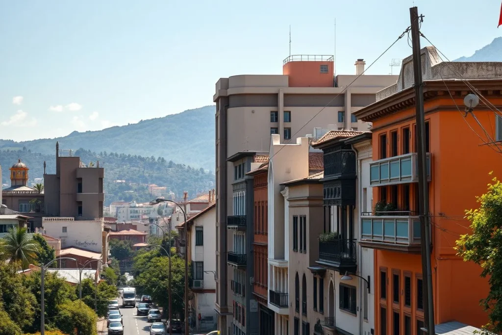 A sunlit Medellín residential street slopes through colorful mid-rise buildings, with green hills rising behind the