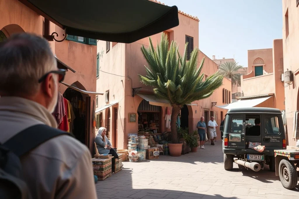 A sunlit Marrakech souk lane with pink plaster buildings, craft stalls, potted palms, several pedestrians, and a parked dark