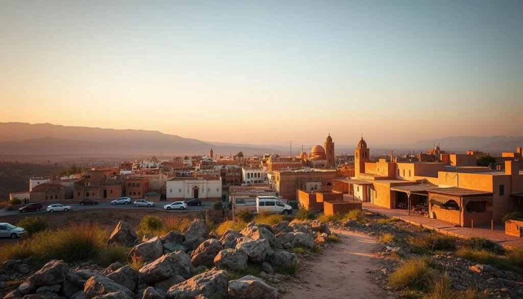 A rocky foreground and dirt path overlook a warm, earthen Moroccan town with mosque minarets, a domed building, surrounding