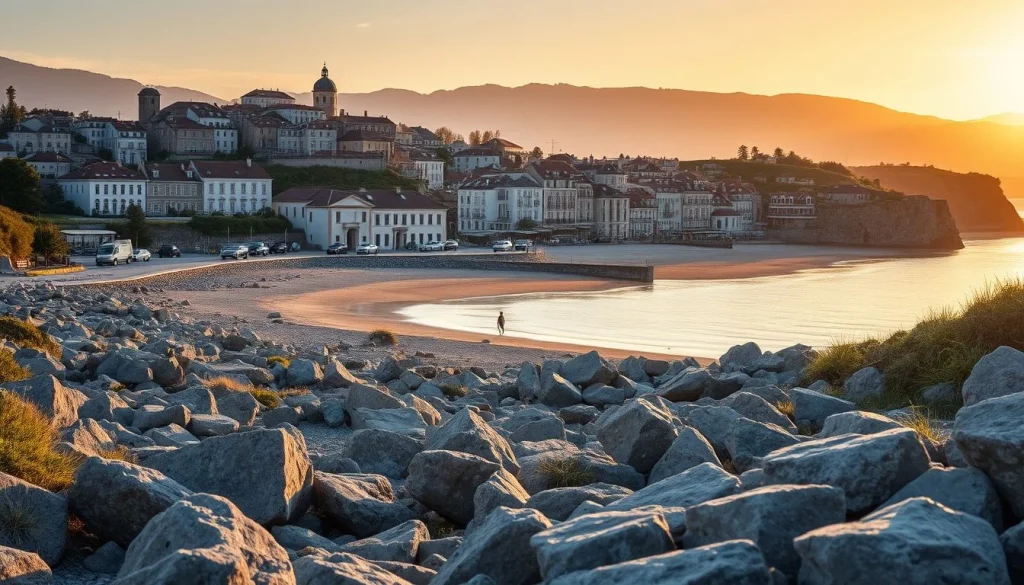 A rocky shoreline overlooks a quiet crescent beach, waterfront town and church buildings at golden hour, with one small