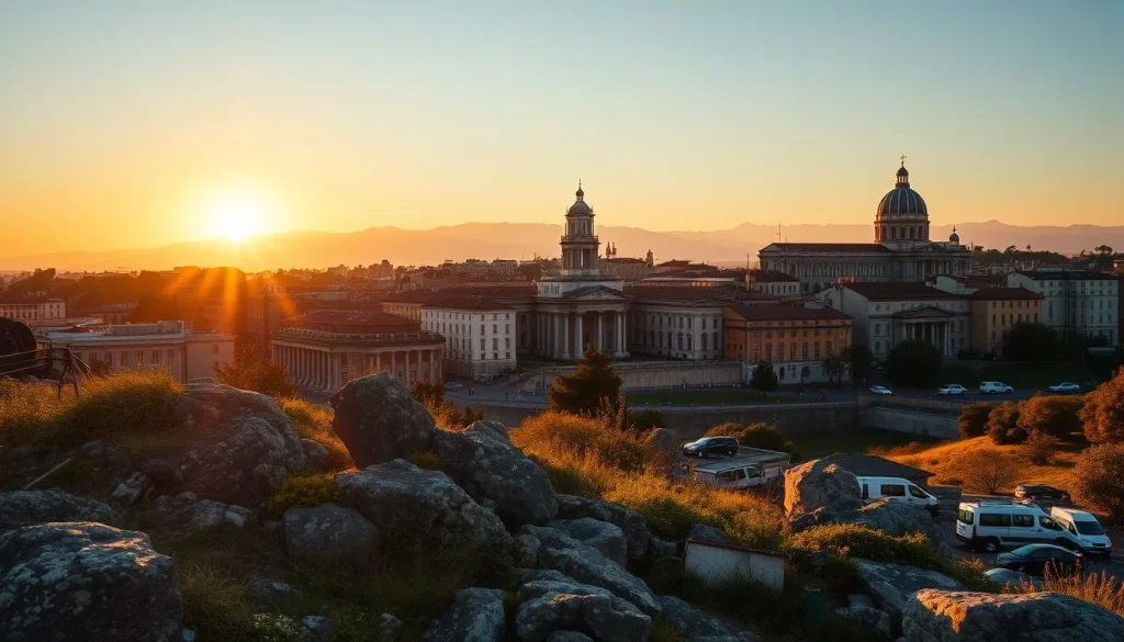 A golden-hour view over a dense Italian-looking city with a large domed neoclassical complex, distant mountains, roads and