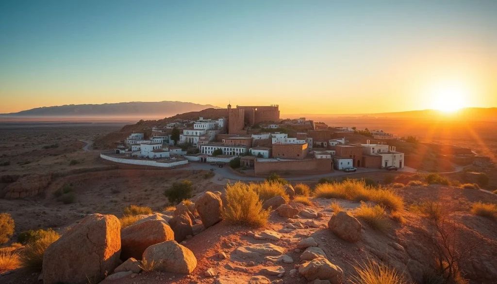 A golden-hour view across a rocky desert foreground toward a compact Moroccan settlement with white and earthen buildings