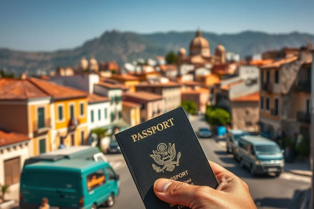 A hand holds a U.S. passport in the foreground above a sunlit Mediterranean-looking town street with terracotta roofs