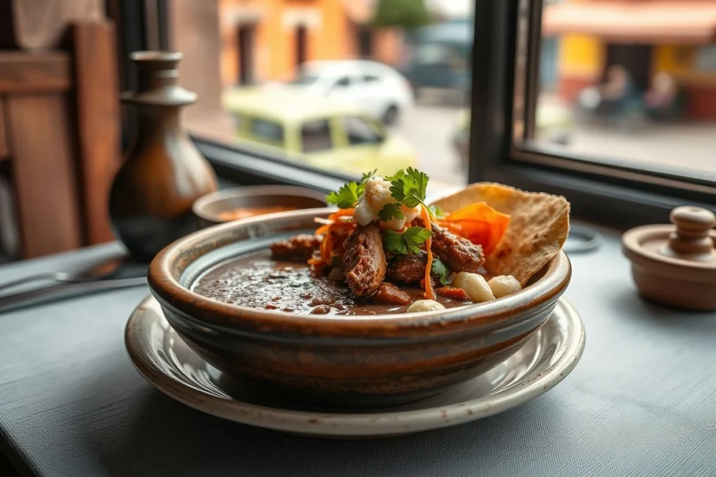 A close-up restaurant photograph shows a bowl of dark sauce with grilled meat, vegetables, cilantro, and tortillas on a