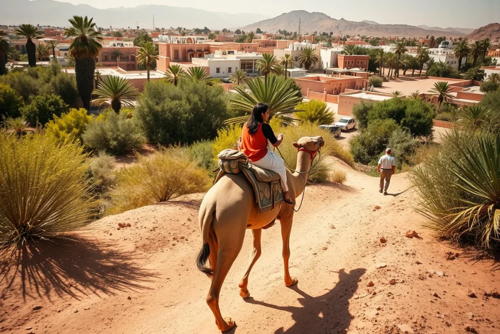 A woman rides a saddled camel down a sandy path through palms and scrub, with a pedestrian, low-rise Moroccan-style