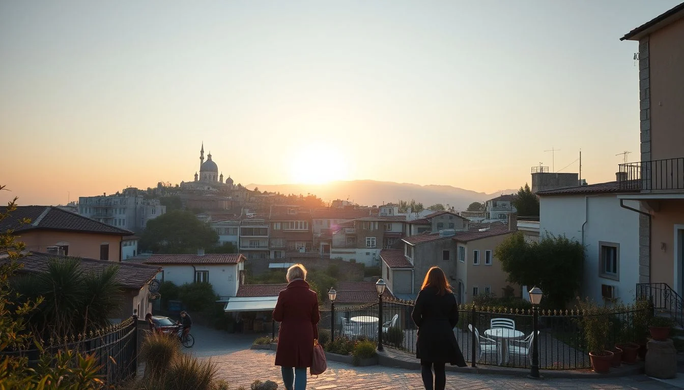 A hillside residential city at sunrise, with two people walking down a paved street toward a prominent domed mosque-like