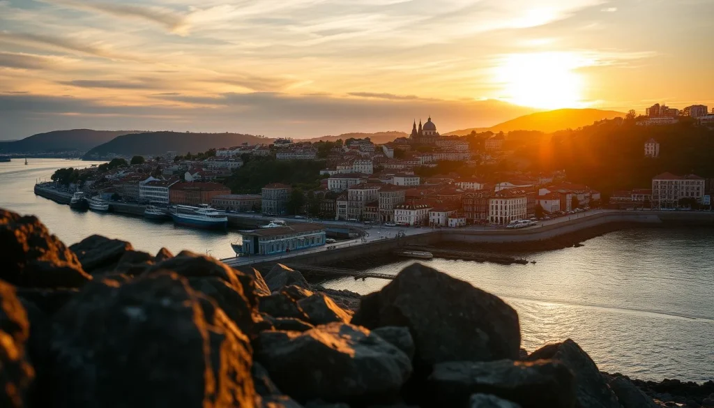 A golden-hour panoramic view of a densely built waterfront city and surrounding hills, seen over dark foreground rocks, with