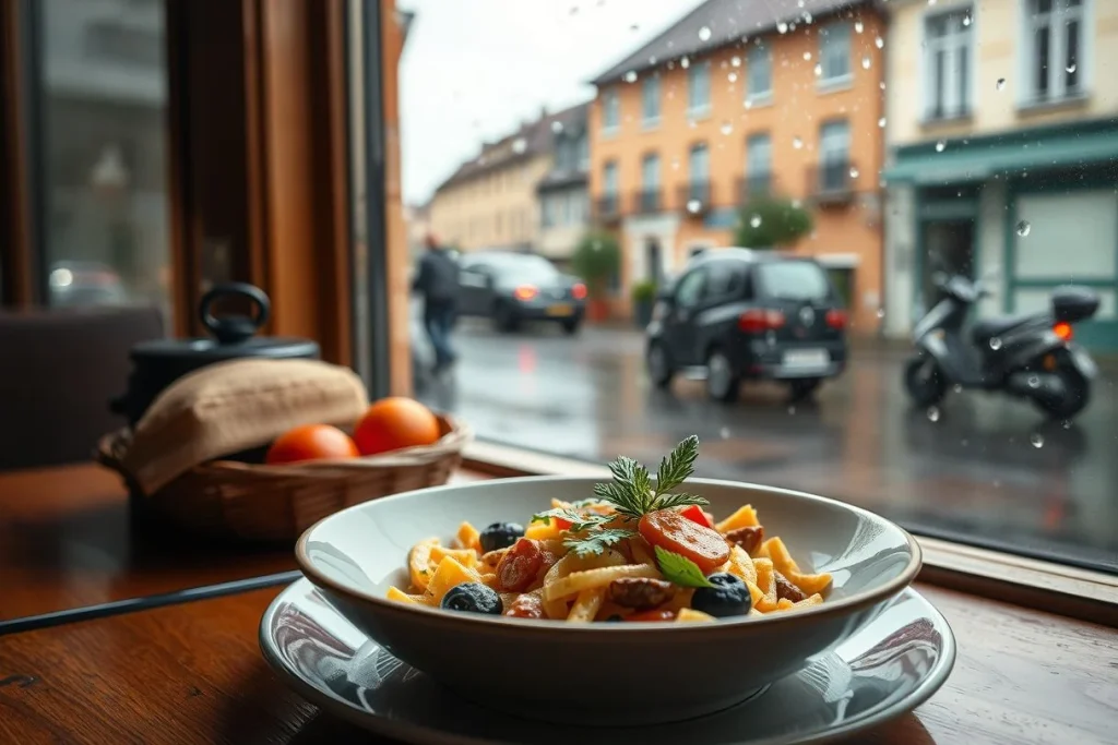 A bowl of brightly garnished pasta or noodles sits on a table beside a window with raindrops, overlooking a wet