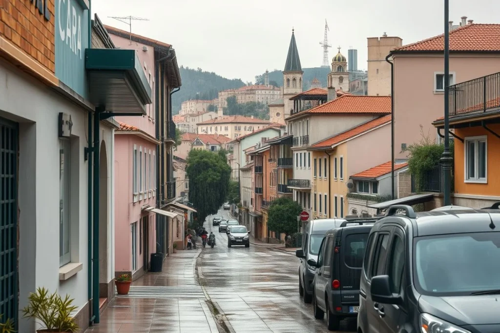 A rainy, steep urban street lined with pastel buildings, red-tiled roofs, parked vans and distant church towers in a hilly