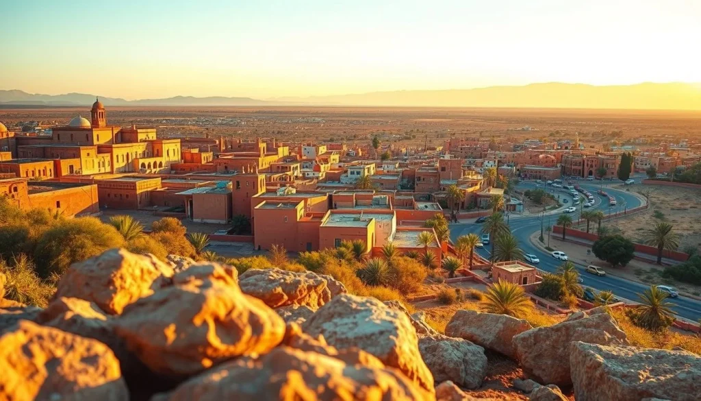 A golden-hour elevated view over a reddish Moroccan city with a mosque and minaret, palm trees, winding roads, rocky
