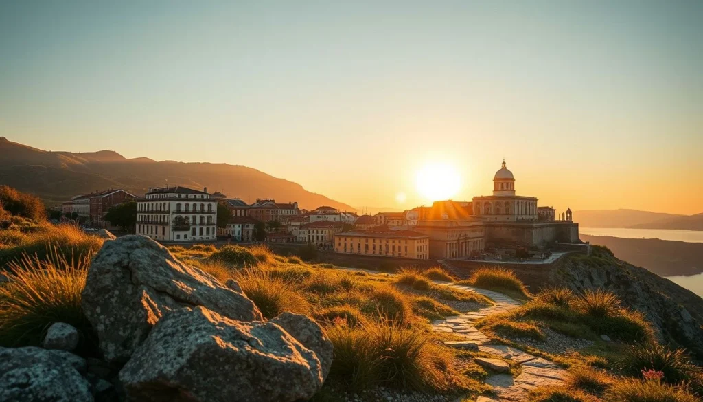 A rocky coastal hillside path leads toward a sunlit town with a prominent domed monumental building beside a calm bay at