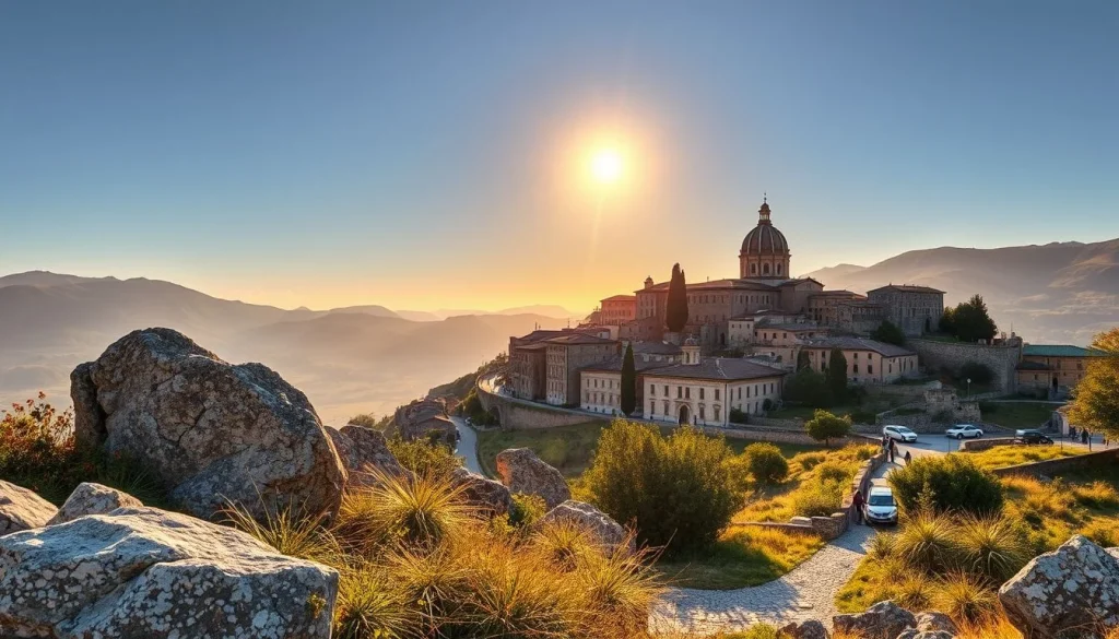 A golden-hour view across rocky grassland toward a dense Italian hill settlement dominated by a large domed church, with