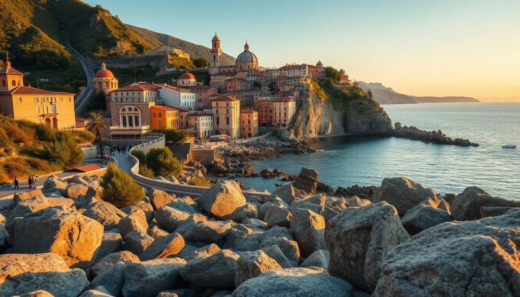 A golden-hour coastal town with colorful Mediterranean-style buildings, a domed church complex on a rocky cliff, and calm