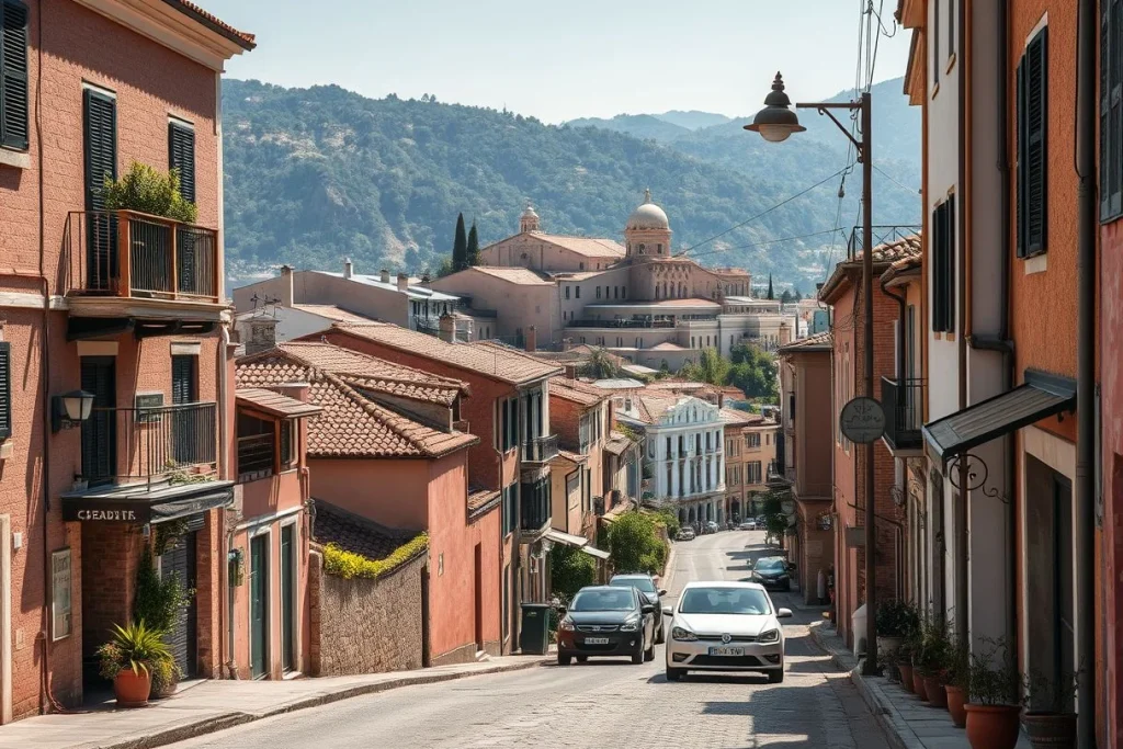 A steep Mediterranean street lined with terracotta buildings and parked cars, looking toward a large domed religious