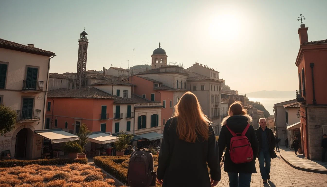 A sunlit Italian-looking hillside town with terracotta buildings, a domed church and bell tower, pedestrians, and a distant