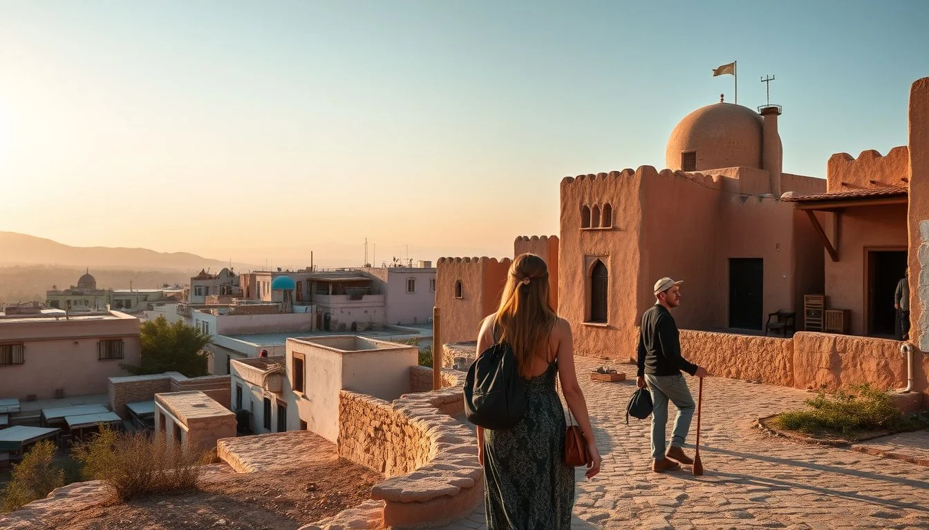 A wide rooftop view over a Moroccan earthen settlement at golden hour, with two travelers walking beside a crenellated clay