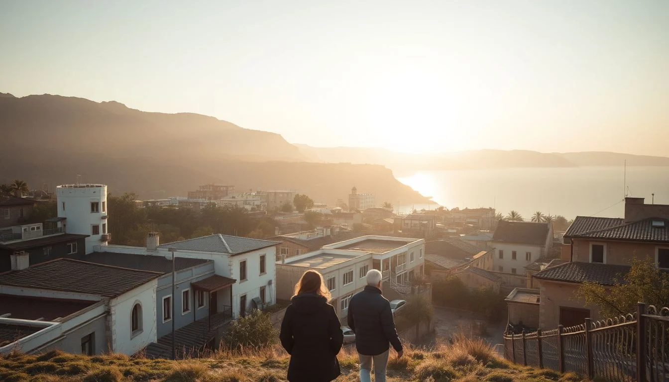 Two travelers viewed from behind stand on a grassy overlook above a sunlit coastal town, with mountains and calm water in