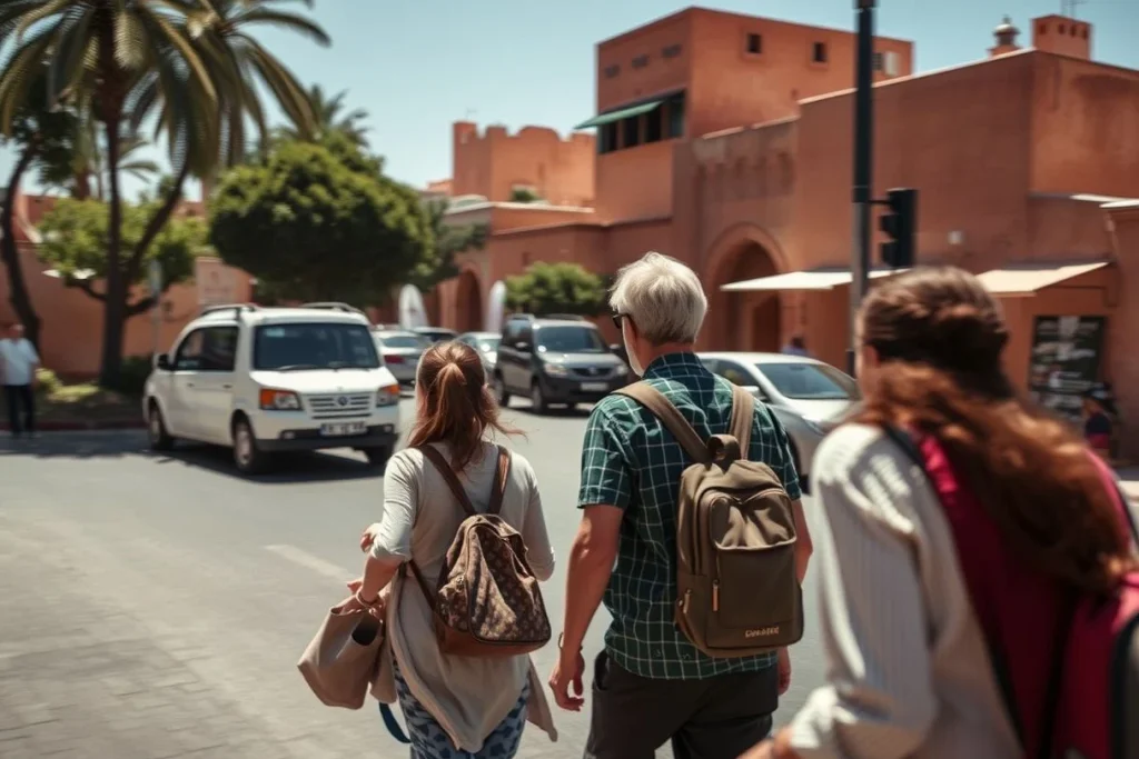 Three tourists with backpacks cross a sunny Marrakech street beside salmon-coloured buildings, palm trees, cars and a