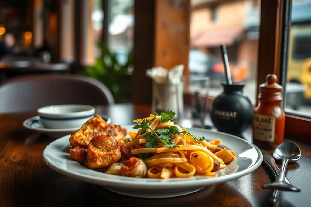 A shallow-focus restaurant table holds a plate of pasta with grilled food and herbs, surrounded by cutlery, condiment