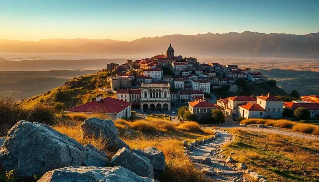 A sunlit hilltop settlement with red-roofed buildings and a domed central structure overlooks a broad valley, water, and