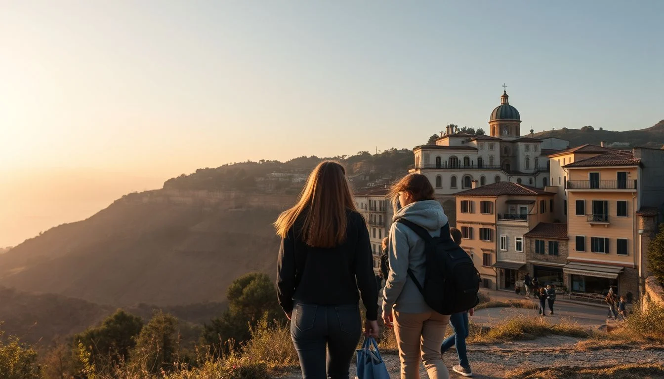 Two teenagers with backpacks walk toward a sunlit hillside town with a domed church overlooking a steep hazy valley.