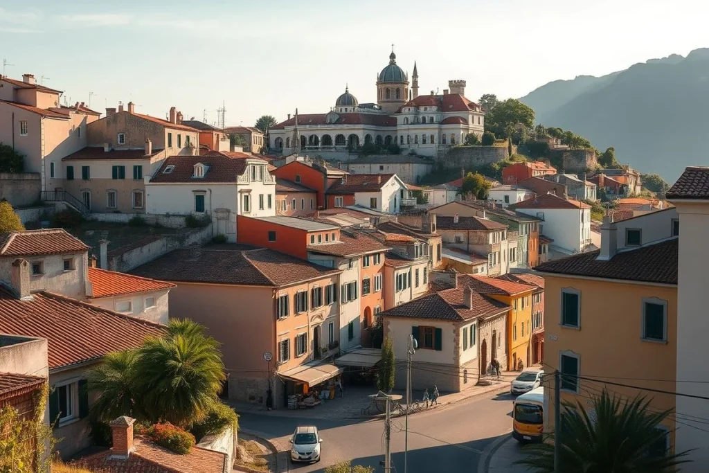 A sunlit hillside town with red-tiled roofs, a prominent domed church-like building, palm trees, mountain slopes, and a