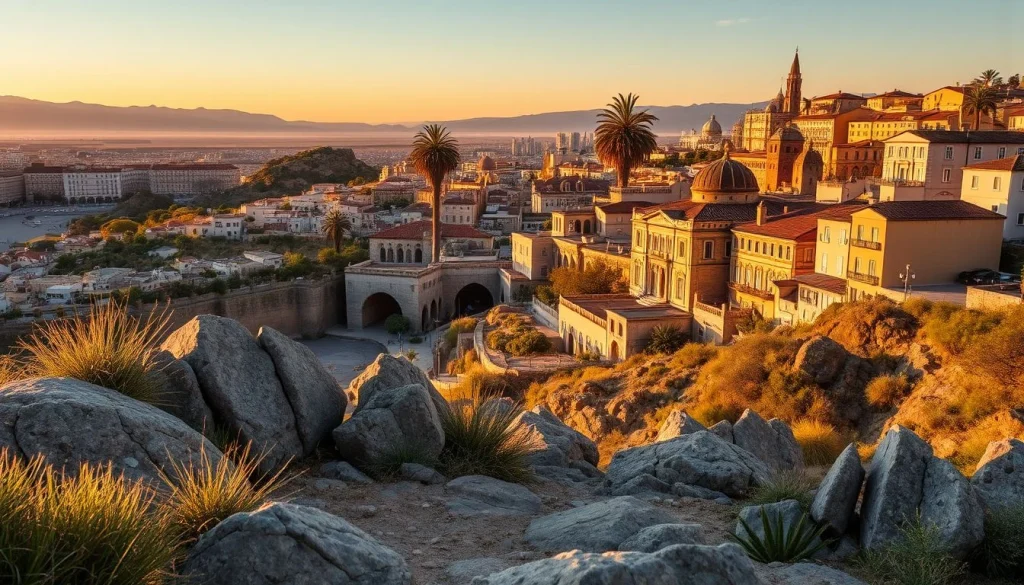 A golden-hour view from a rocky hillside over a dense historic-looking city with palm trees, domed buildings, a tall spire