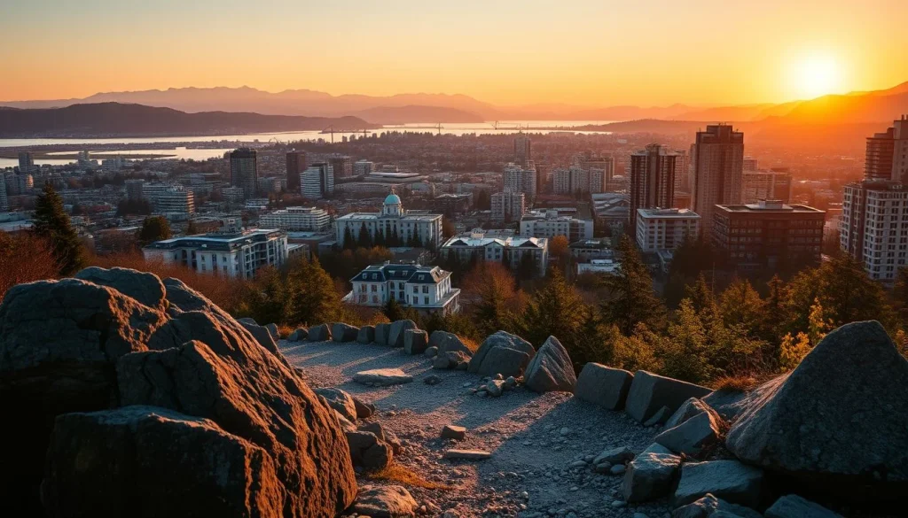 A rocky foreground overlooks a sprawling city at sunset, with low hills on the horizon and a slender tower visible among the