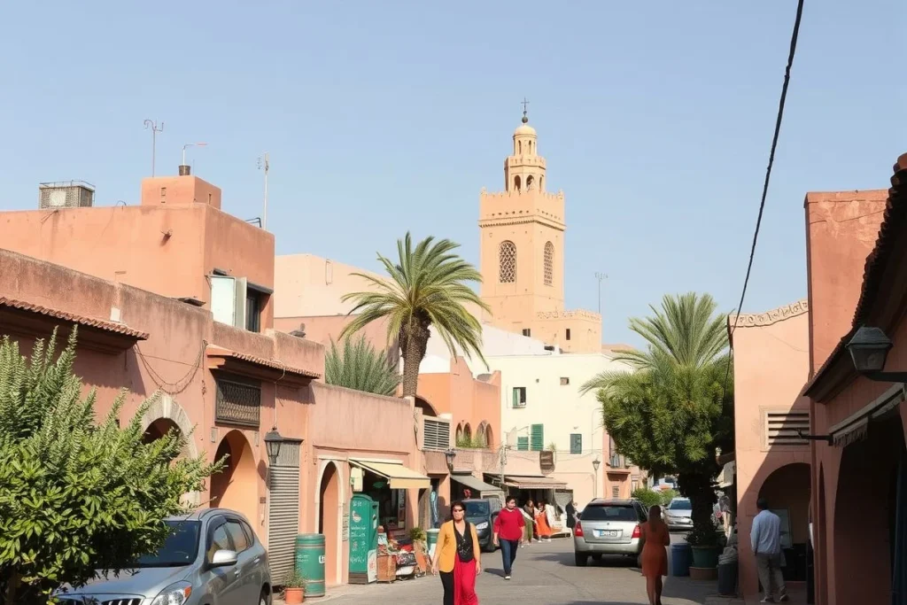 A sunlit Marrakech street lined with salmon-coloured Medina buildings, palm trees, parked cars, pedestrians, and a mosque