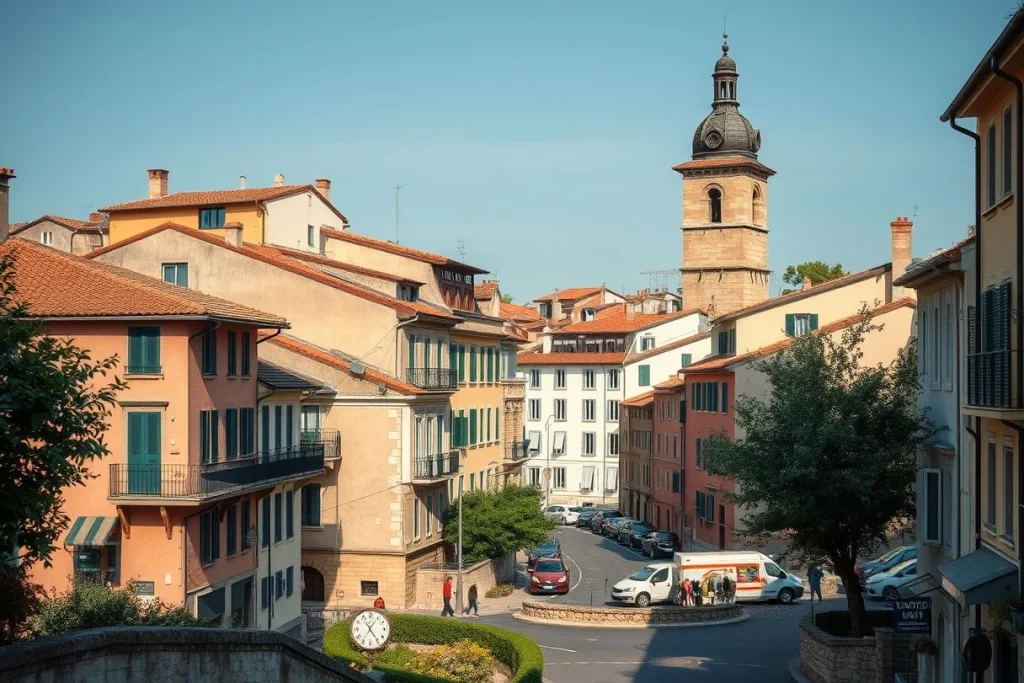 A sunny European town of terracotta-roofed stucco buildings surrounds a curving street, with a tall ornate church tower and