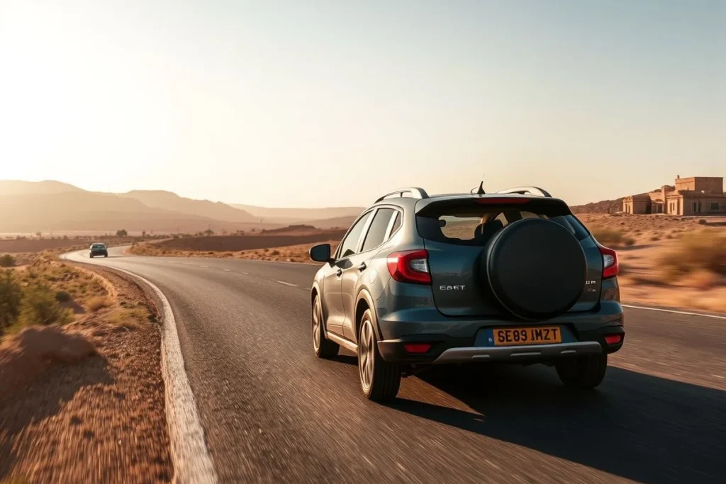 A dark compact SUV drives along a paved desert road in Morocco, with a second car in the distance, rugged mountains to the