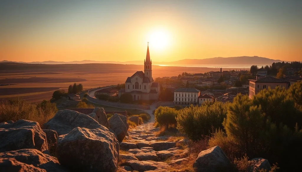A warm golden-hour view from a rocky path over a small settlement with a prominent church, broad agricultural fields, a body