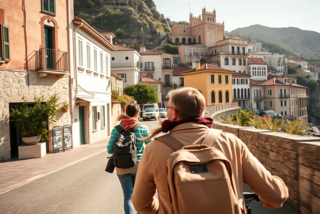 Two adults with backpacks walk or cycle along a sunny hillside street lined with Mediterranean-style buildings, with steep