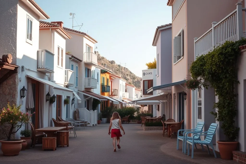 A pedestrian resort lane lined with pastel Mediterranean-style accommodation buildings, outdoor seating, potted plants, and