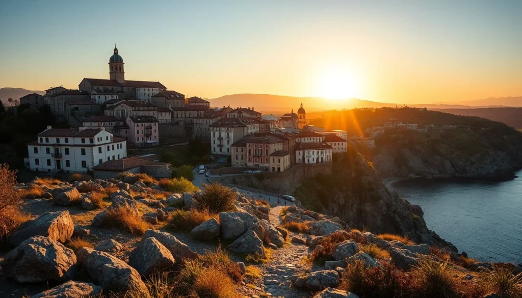 A rocky coastal foreground path overlooks a densely built hillside town with a prominent church tower and a calm sea at